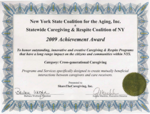 Achievement Award for “Cross-generational Caregiving” from New York State Coalition for the Aging and the Statewide Caregiving & Respite Coalition of N.Y. (2009)